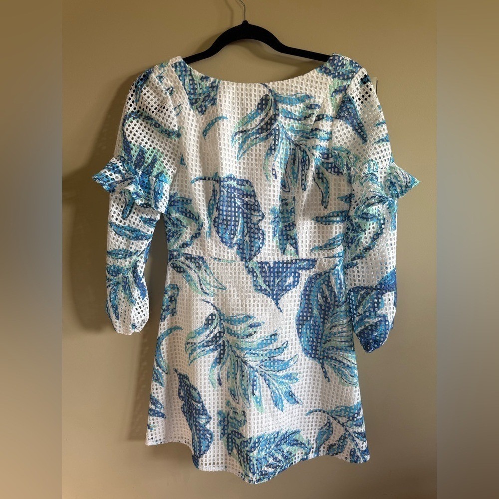 Lilly Pulitzer Ivory Blue Floral Mesh Ruffle Sleeve Romper Size 0